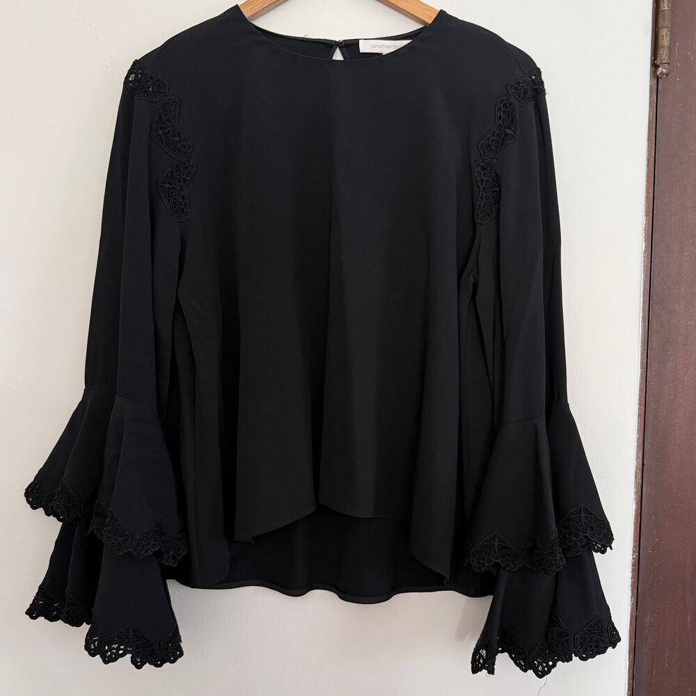 JONATHAN SIMKHAI Black Bell Sleeve Double Ruffle Cuff Trapeze Top Large Boho